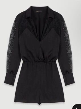 New Maje Black lace romper with sheer sleeves Lace Elegant Classy Old Money Chic